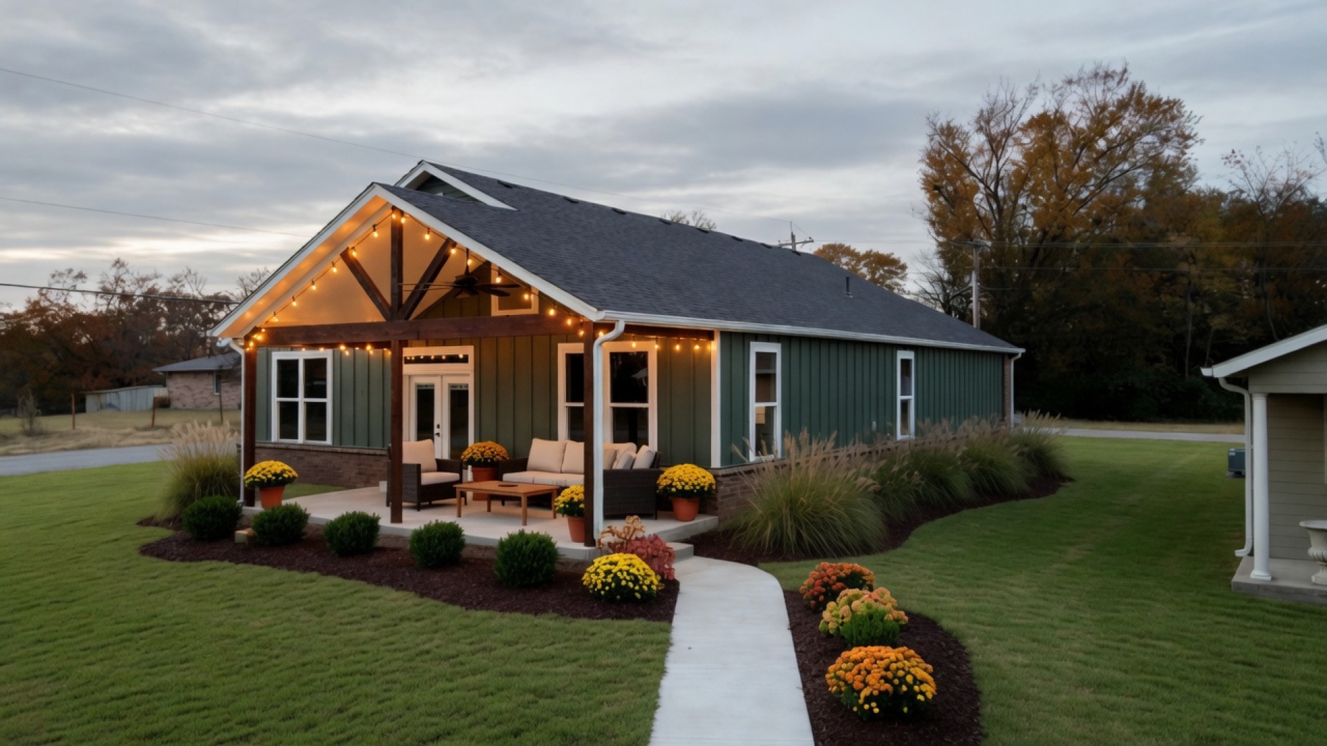 Back of a custom Green Country home with covered porch outdoor living, furniture, and landscaping