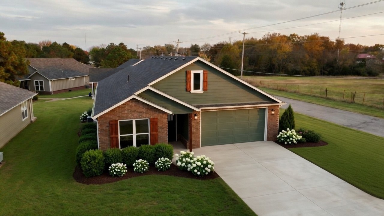Aerial view of green and brick custom home on rural lot